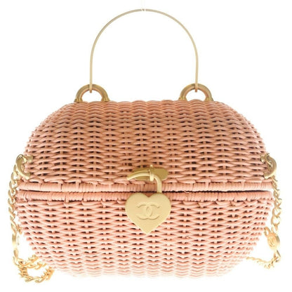 Chanel Heart Lock 2-Way Chain Mini Shoulder Bag Basket Pink Rattan Gold