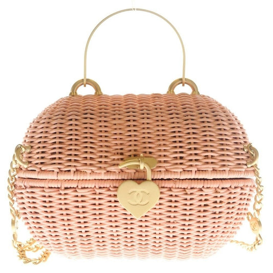 Chanel Heart Lock 2-Way Chain Mini Shoulder Bag Basket Pink Rattan Gold