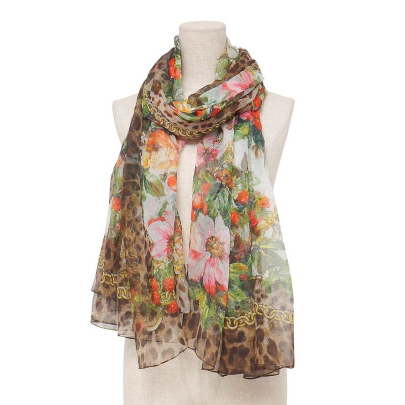 Dolce & Gabbana Shawl Leopard Botanical Long Scarf Brown