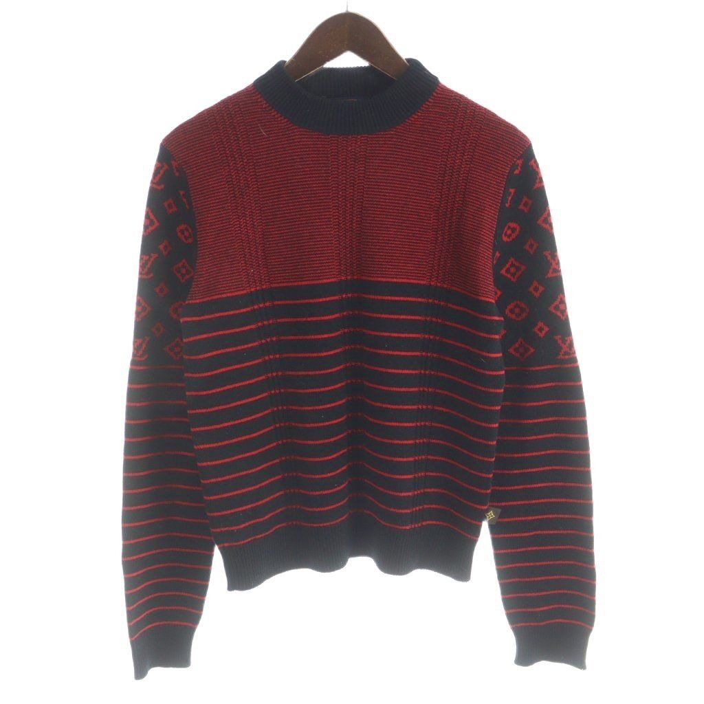 Louis Vuitton Knit Sweater Long Sleeve Cashmere Wool Blend Monogram M Black Red