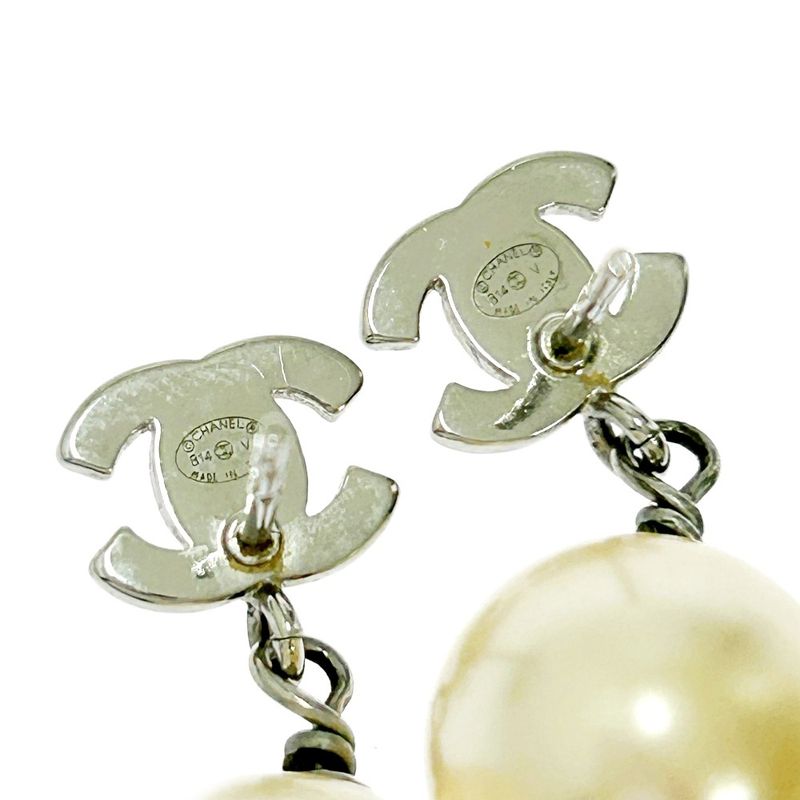 Chanel Metal Rhinestone Faux Pearl B14v Coco Mark Swing Earrings Silver 351237