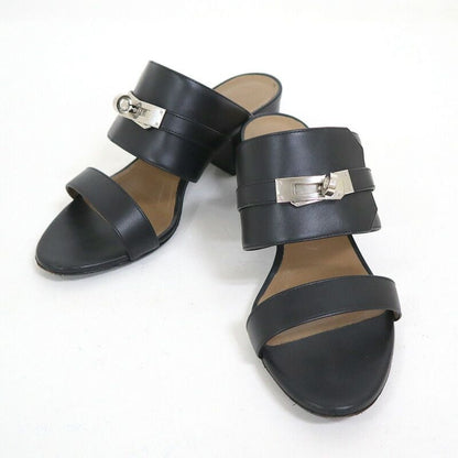Hermes Ovacion Sandals Leather Black Silver 35