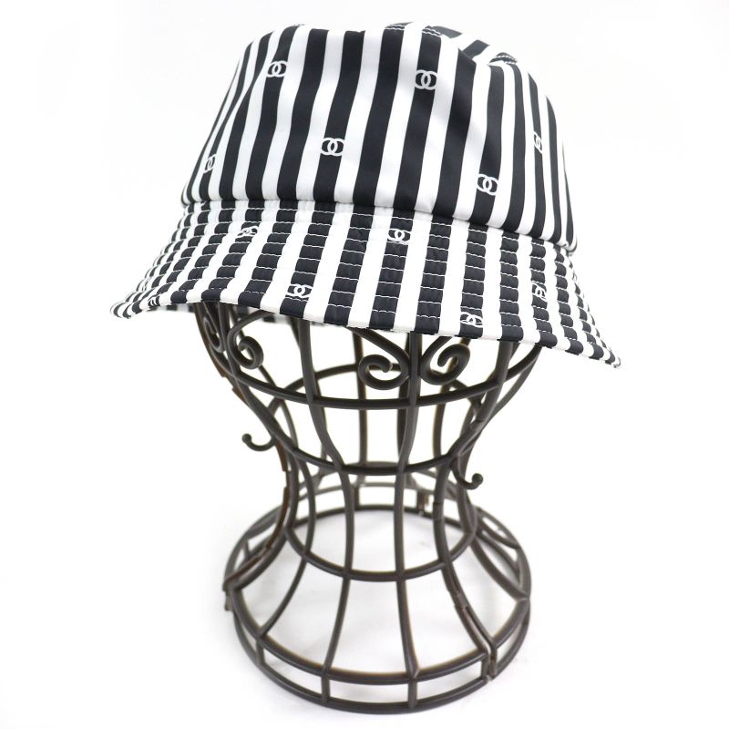 CHANEL 24SS Aa9874 Coco Beach Coco Mark Striped Bucket Hat Black White S Made