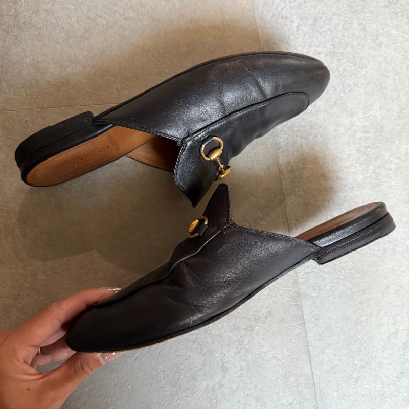 Gucci Prince Town Horsebit Slip on Loafer Leather Black Gold 37 24cm (9.45in)