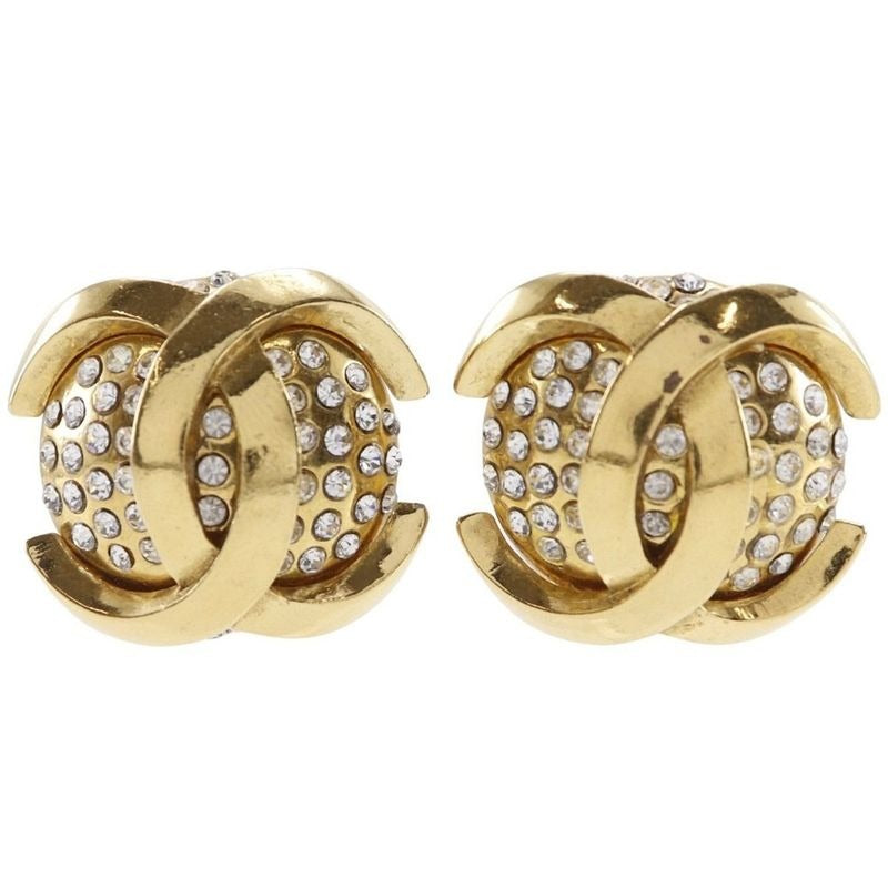Chanel Coco Mark Vintage Gold Plated Rhinestone 23 34.1 g Earrings