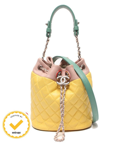 Chanel 2-Way Shoulder Bag Crossbody Silver Quilted Lambskin Drawstring CC Logo