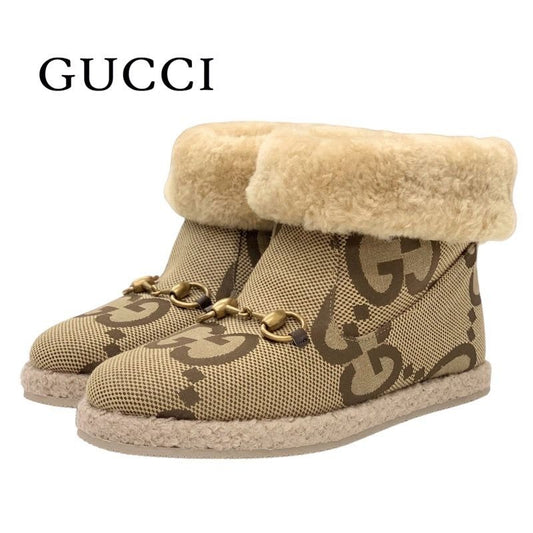 Gucci Boots Short Shearling Shoes Horsebit GG Pattern Fabric