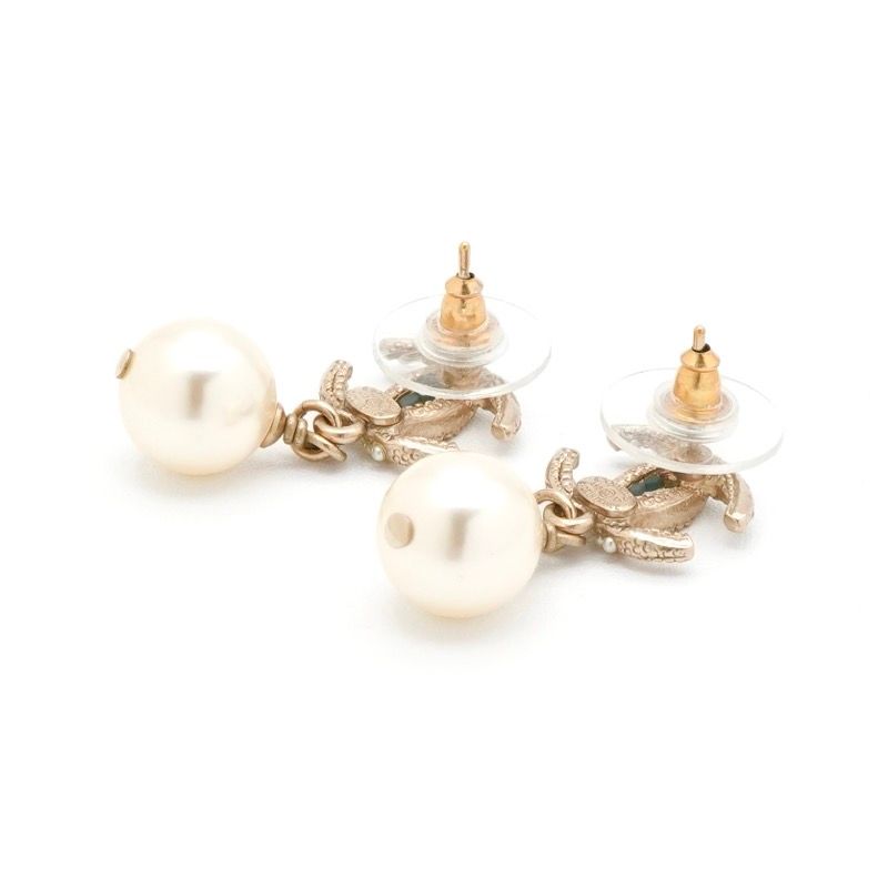 Chanel Earrings Coco Mark Rhinestone Pearl Gold
