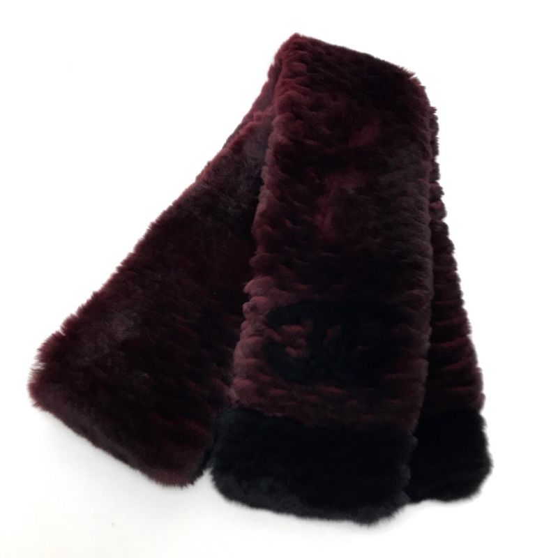 Chanel CC Coco Mark Fur Scarf Red Bordeaux Like