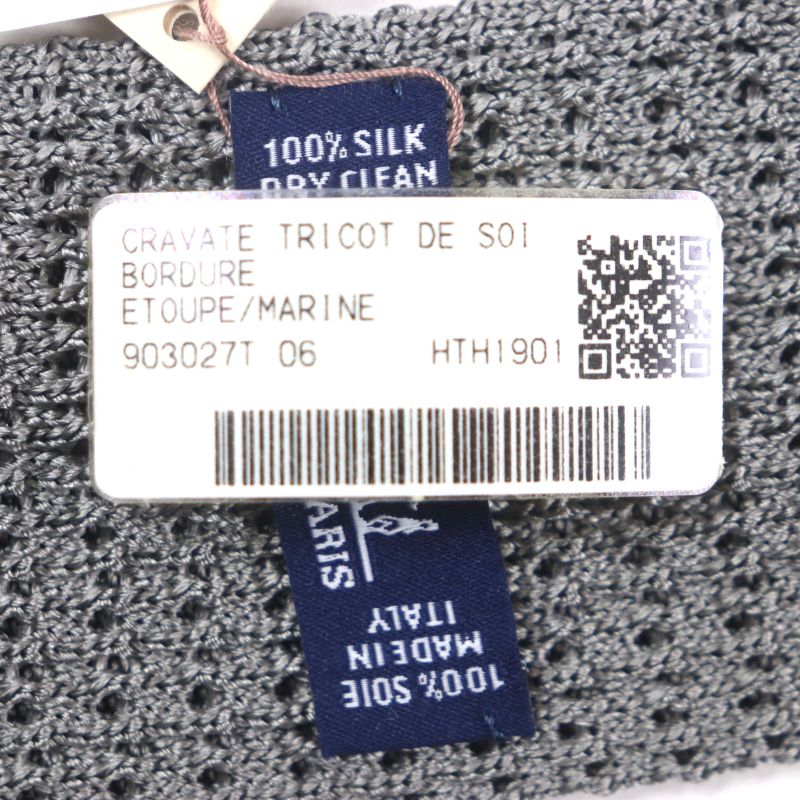 Hermes Cravate Tricot DE SOIE 100% Silk Etoupe/marine H Logo Embroidery Knit