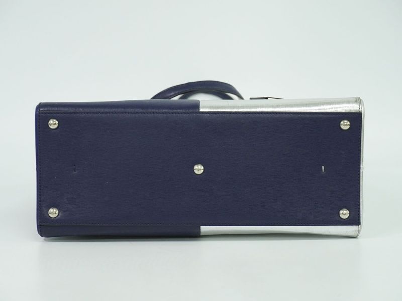 Authentic Fendi Trois Jour Bicolor Tote Handbag PVC Leather Navy Silver 8bh272