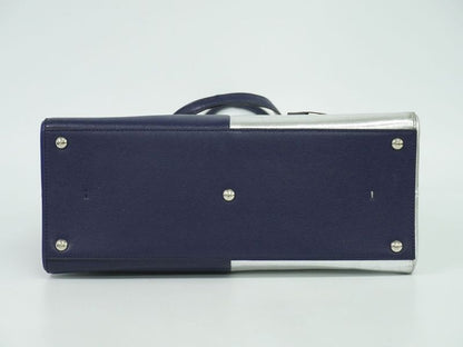 Authentic Fendi Trois Jour Bicolor Tote Handbag PVC Leather Navy Silver 8bh272