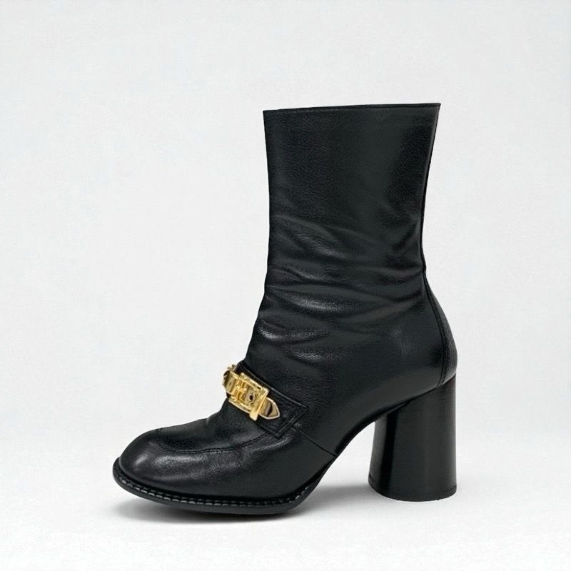Gucci Boots Short Shoes Leather Black Gold Chain Belt