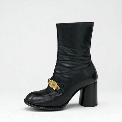Gucci Boots Short Shoes Leather Black Gold Chain Belt