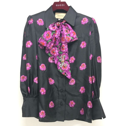 Gucci Long Sleeve Shirt Ribbon Flower Silk Black