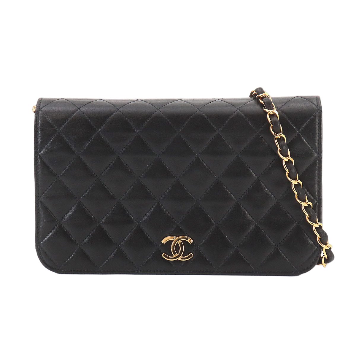 Chanel Quilted Chain Shoulder Bag Lambskin Black Gold Push Lock