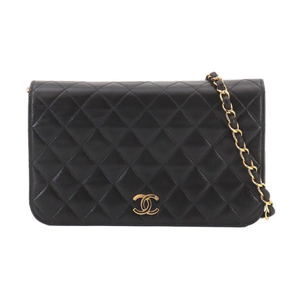 Chanel Quilted Chain Shoulder Bag Lambskin Black Gold Push Lock