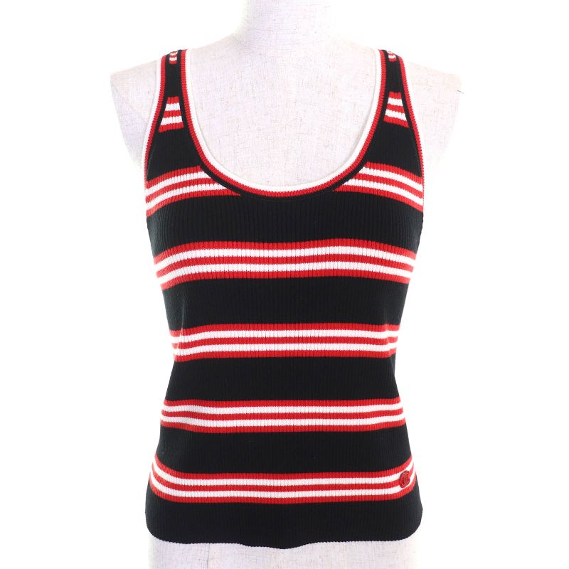 CHANEL P77660 Cotton Cashmere Coco Mark Part Striped Ribbed Tank Top Sleeveless