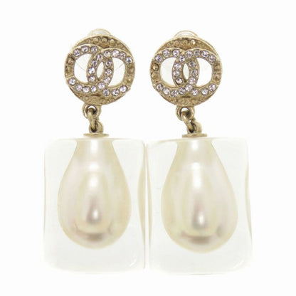 Chanel Coco Mark Faux Pearl Plastic Stone Gold Earrings 0563 Chanel