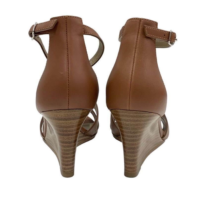 Hermes Legend Sandals Shoes Leather Brown Unused Wedge Sole Ankle Strap