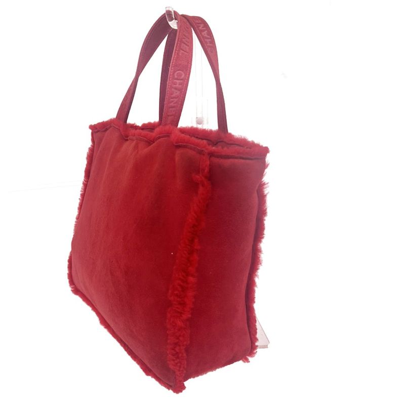 Chanel Handbag Fur Bag Leather Red 86ka838