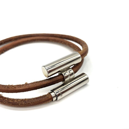 Hermes Bracelet Tourni Leather Brown and Silver Color Used 005090