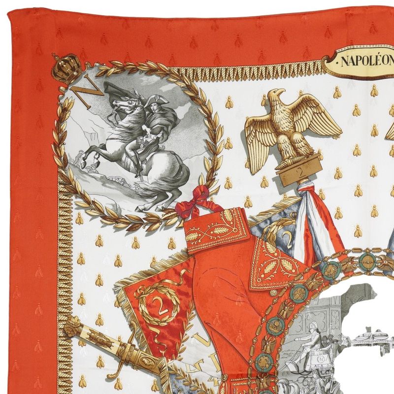 Hermes Carré 90 Napoleon Silk White/orange Women's Scarf