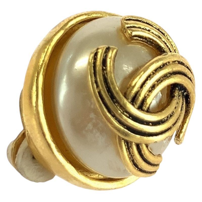Chanel Faux Pearl Coco Mark Gold White Plated/faux Pearl Earrings 94 A Engraved