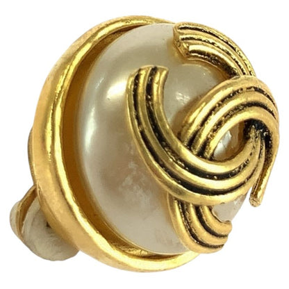 Chanel Faux Pearl Coco Mark Gold White Plated/faux Pearl Earrings 94 A Engraved