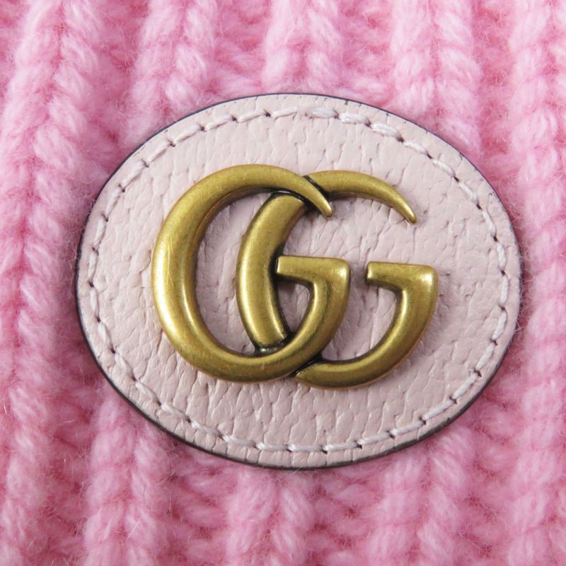 Gucci 764594 Wool Cashmere Current Double G Leather Usage Knit Cap Pink Gold