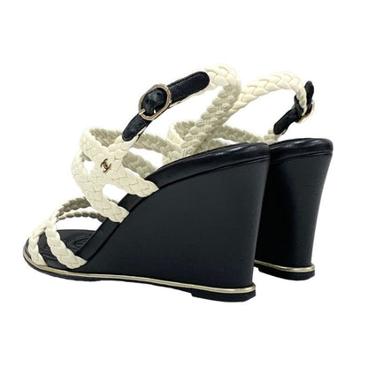 Chanel Sandals Shoes Lambskin White Black Coco Mark Braided Wedge Sole