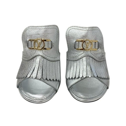 Louis Vuitton Indiana Line Sandals Shoes Leather Metallic Silver Gold LV Logo