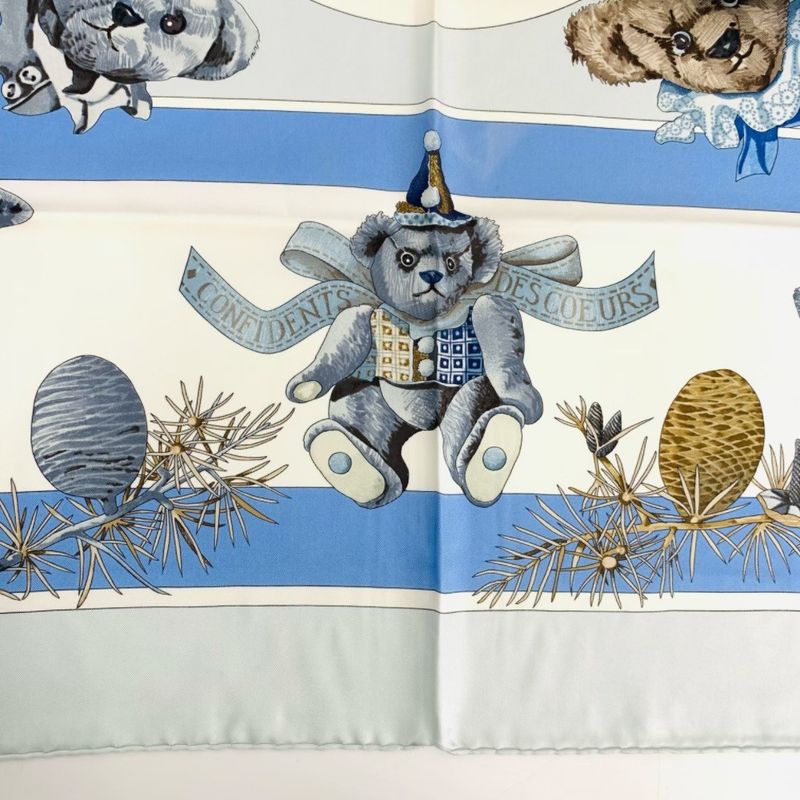 Hermes Carre 90 Confidents DES Coeurs Teddy Bear Heart Friend Silk Scarf