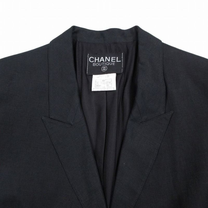 Chanel Coco Button 96p Linen Tailored Jacket Peaked Lapel Size M Ladies Black