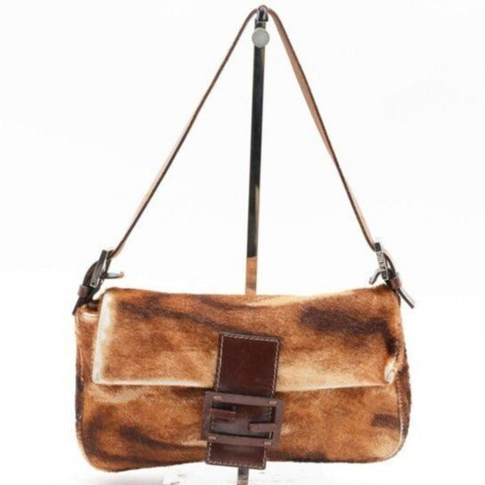 FENDI Mamma Bucket Baguette Calf Hair Pony Print Brown Shoulder Bag