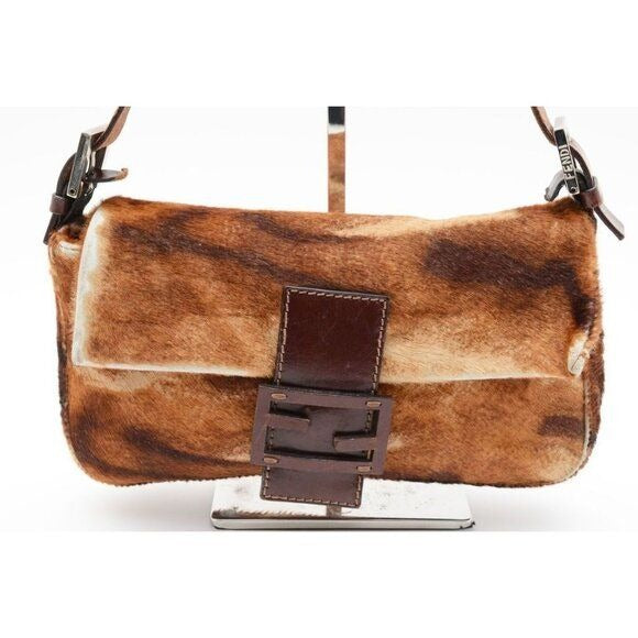 FENDI Mamma Bucket Baguette Calf Hair Pony Print Brown Shoulder Bag