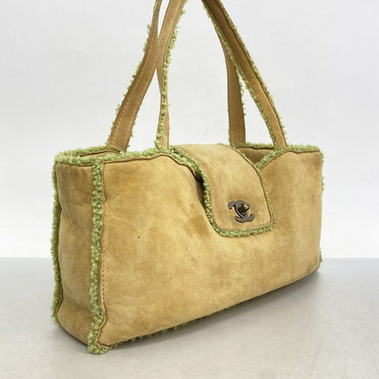 Chanel Handbag Suede Mouton Beige Green Gold Hardware Women's