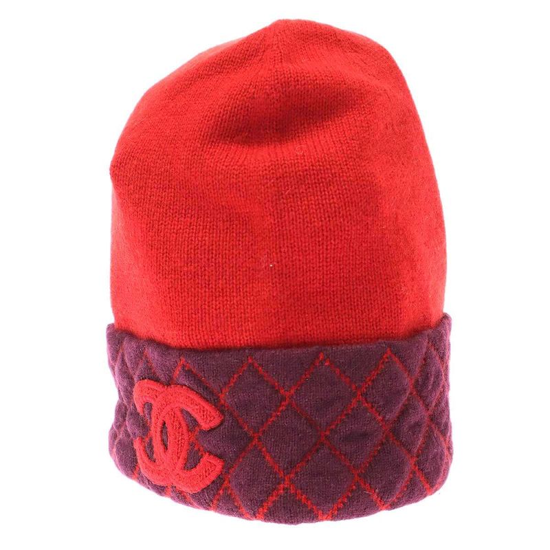 Chanel Coco Mark Bicolor Cashmere Beanie Knit Cap Red Purple