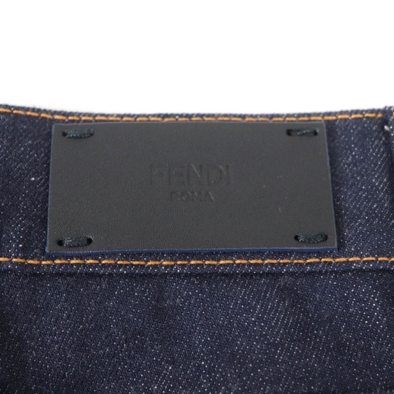 Fendi Flp673 Leather Denim Pants With Logo Patch And Logo Button Bottoms Indigo