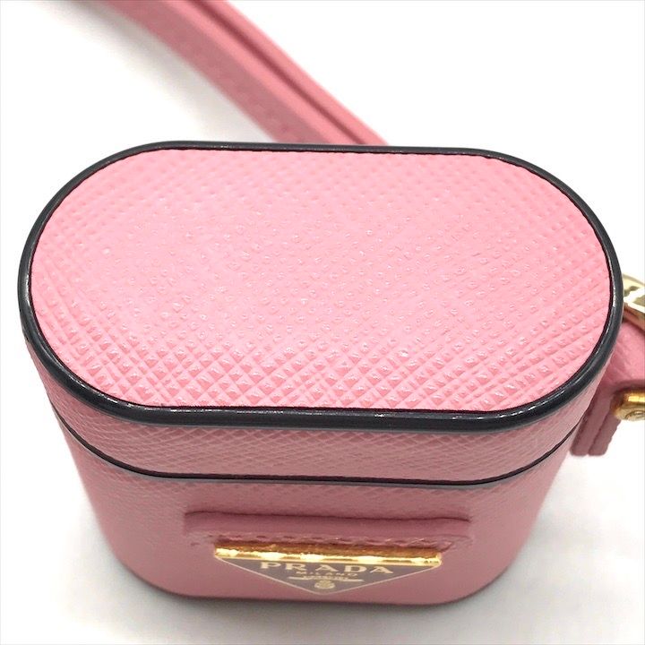 Prada Air Pods Case Triangle Logo Saffiano Leather Strap Pink Shoulder Bag