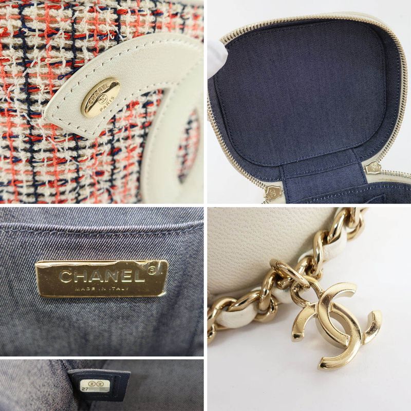 Chanel Vanity Case Chain Shoulder Coco Mark Tweed White Gold Hardware
