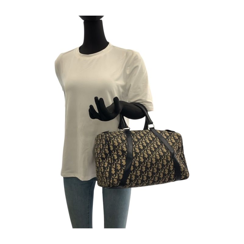 DIOR Vintage Trotter Navy Ivory Silver Hardware Canvas Handbag Mini Boston Bag
