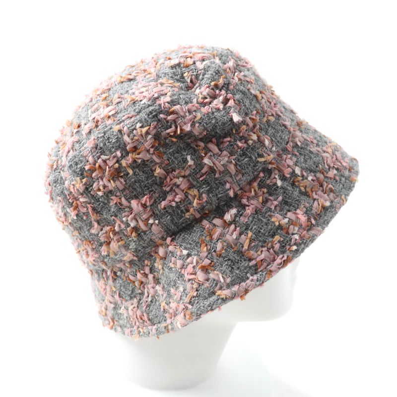 CHANEL Alpaca Blend Ribbon Tweed Bucket Hat With Coco Mark Hardware Gray Pink M