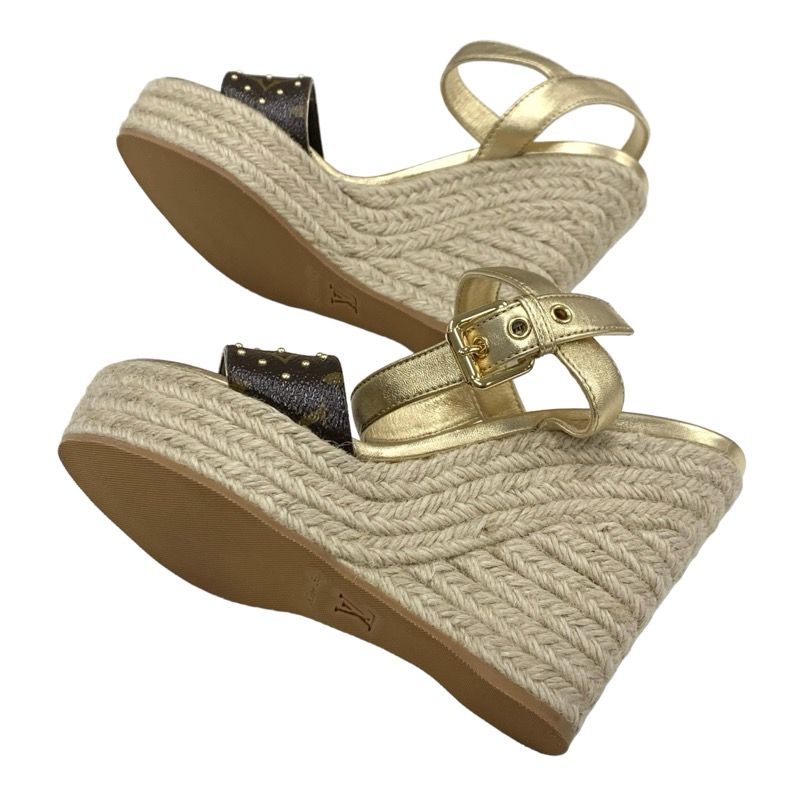 Louis Vuitton Starboard Line Monogram Sandals Shoes Leather Gold Brown Wedge
