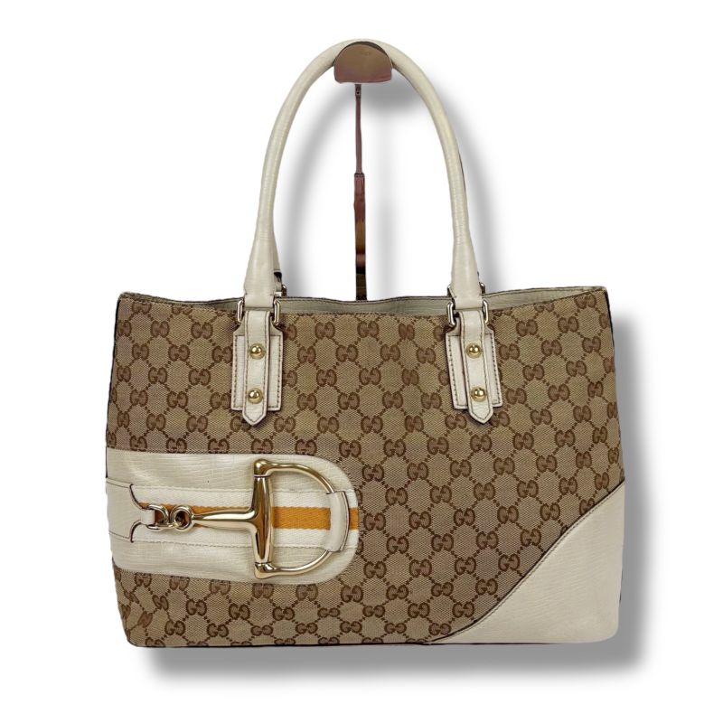 Gucci Hustler Bit Tote Bag GG Canvas Leather Brown White Horsebit Hardware