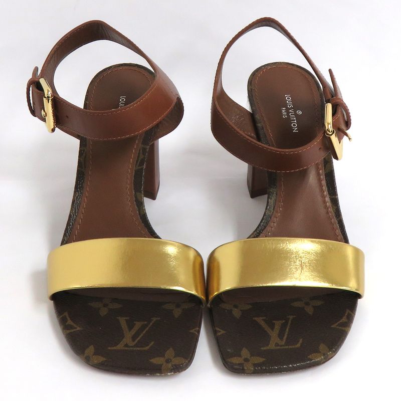 Louis Vuitton Monogram Ankle Strap Heel Sandals Brown Gold 36 1 2