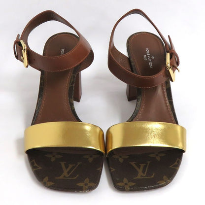 Louis Vuitton Monogram Ankle Strap Heel Sandals Brown Gold 36 1 2