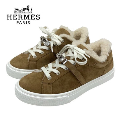 Hermes Day Sneakers Shoes Suede Mouton Brown Silver Kelly Hardware Boa