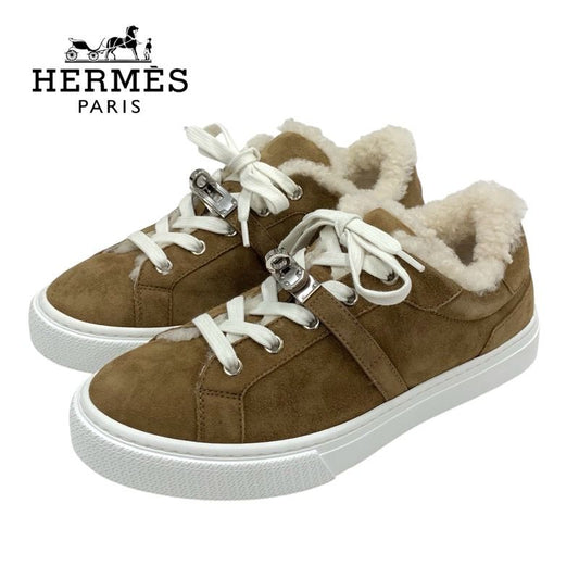 Hermes Day Sneakers Shoes Suede Mouton Brown Silver Kelly Hardware Boa