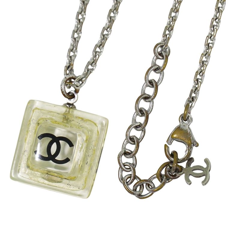 Authentic Chanel Coco Mark Necklace Pendant Plastic Metal Silver Hardware Clear